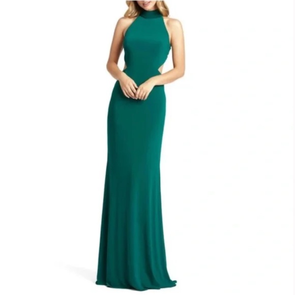 Ieena for Mac Duggal Tie Halter Jersey Dress in Emerald Green - Picture 2 of 10
